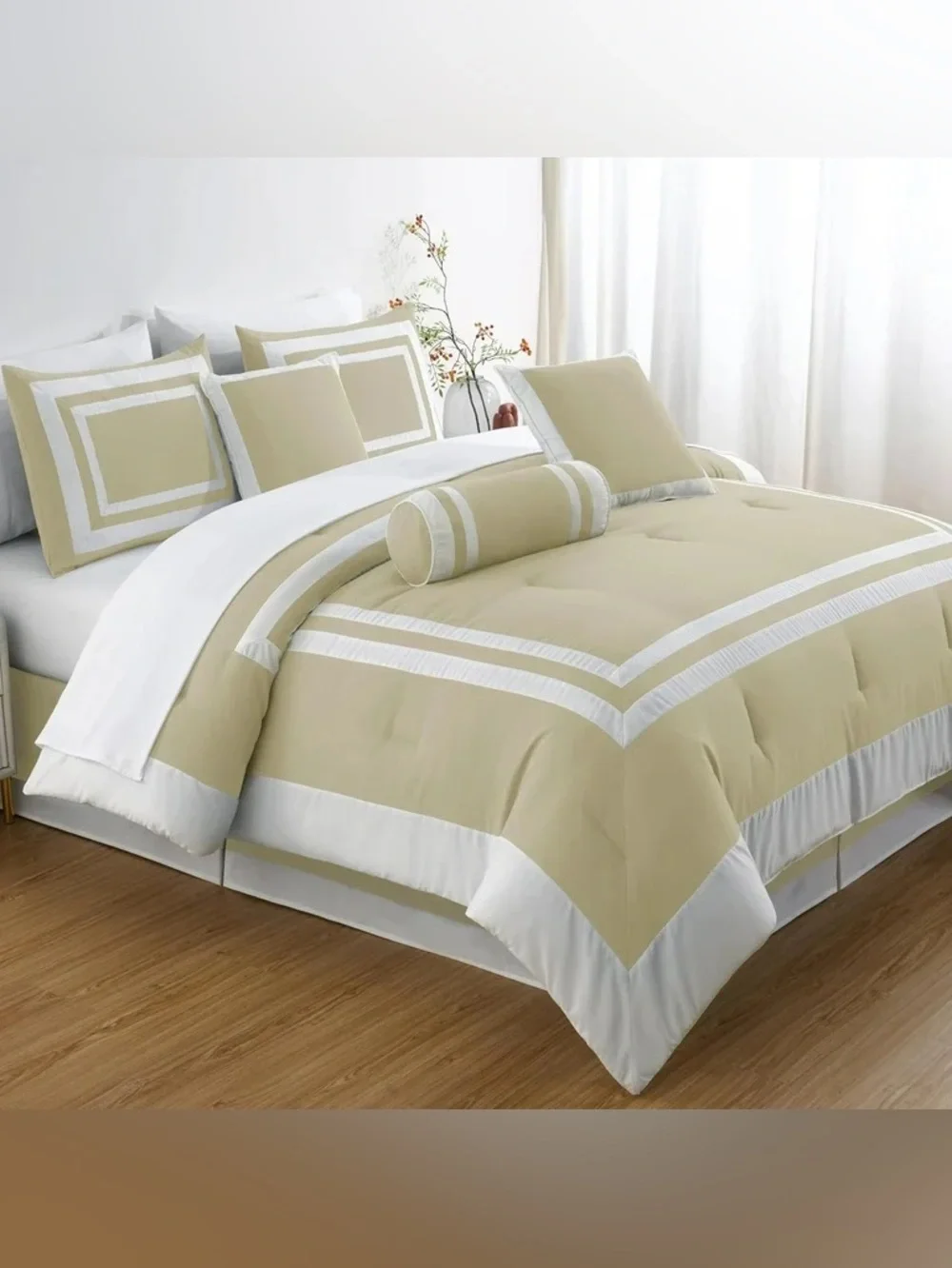White and taupe Queen 3 piece comforter set